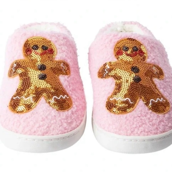 Shoes - Pink Slippers with Gingerbread Sequin Design